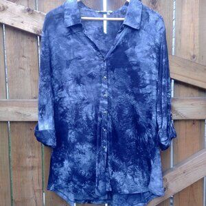 Simply Noelle soft stretchy viscose button down top blouse shirt blue ti…